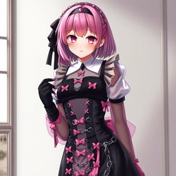 A realistic depiction of a sexy gothic anime maid girl with a flustered, subtle smile and a rosy blush gracing her cheeks