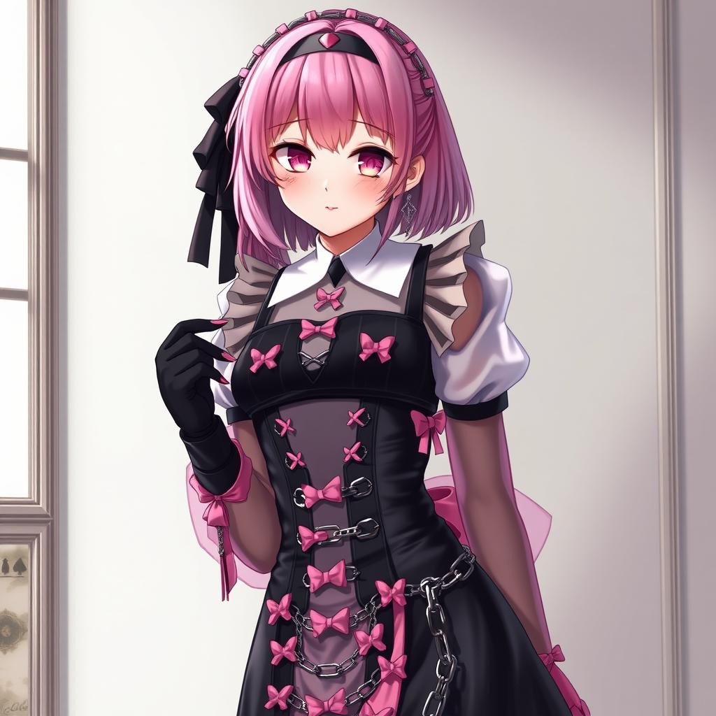 A realistic depiction of a sexy gothic anime maid girl with a flustered, subtle smile and a rosy blush gracing her cheeks