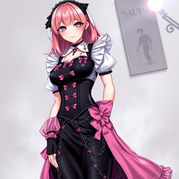 A realistic depiction of a sexy gothic anime maid girl with a flustered, subtle smile and a rosy blush gracing her cheeks