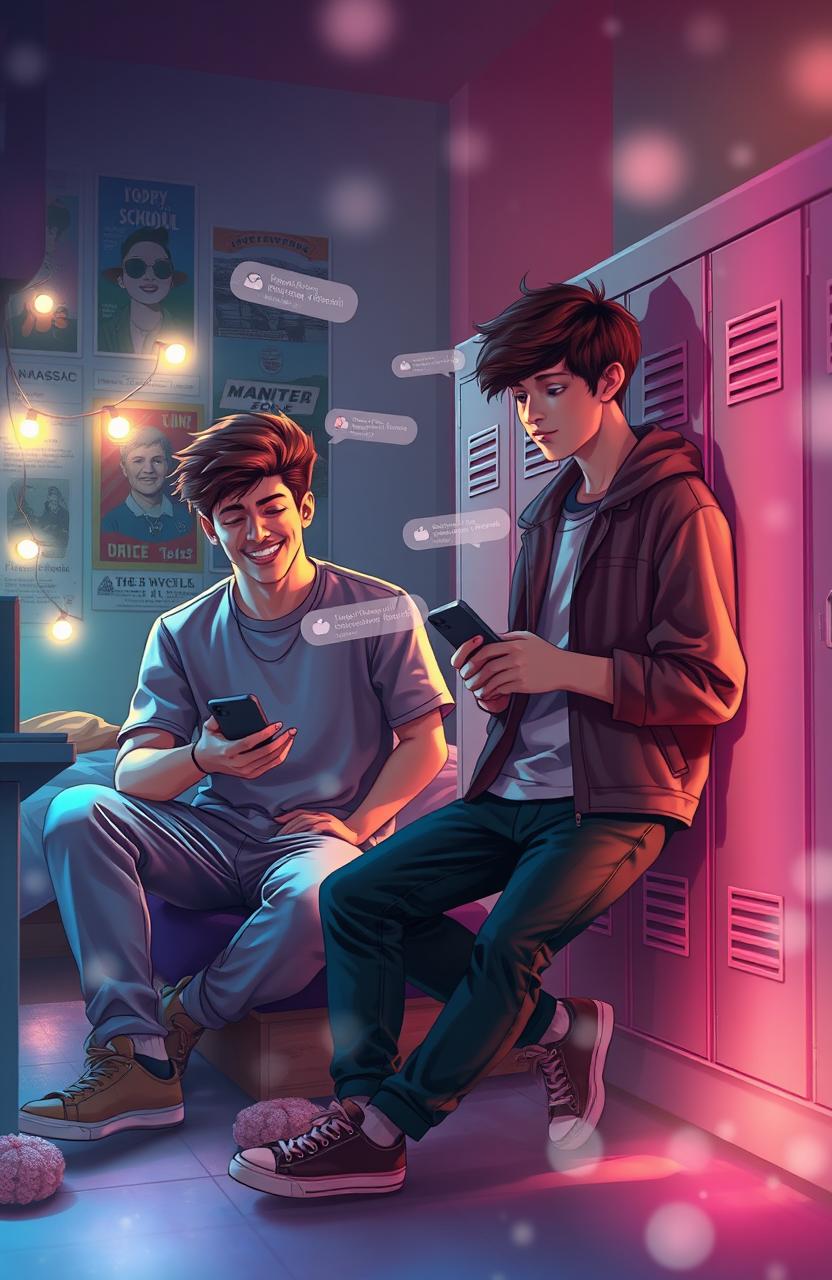 Two gay high school lovers, a dreamy and romantic scene depicting them in separate yet visually connected settings