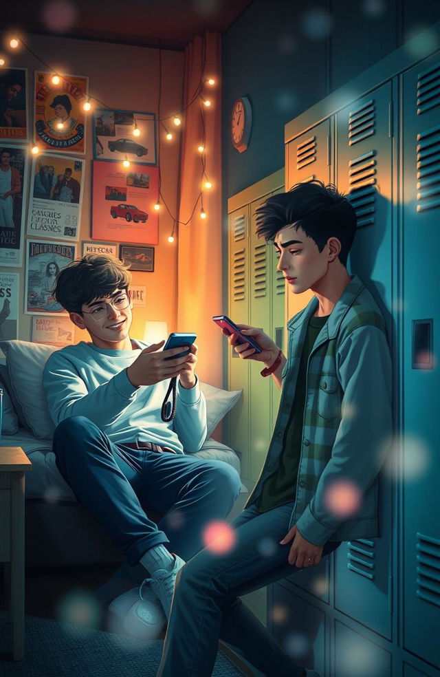 Two gay high school lovers, a dreamy and romantic scene depicting them in separate yet visually connected settings
