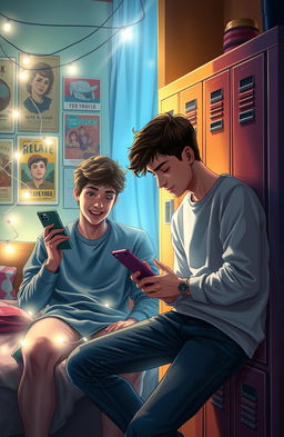 Two gay high school lovers, a dreamy and romantic scene depicting them in separate yet visually connected settings
