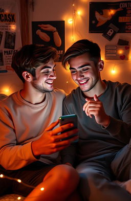 Two young gay lovers chatting with each other through their phones, a sense of tenderness and excitement in the air
