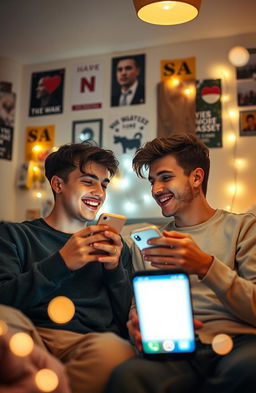 Two young gay lovers chatting with each other through their phones, a sense of tenderness and excitement in the air