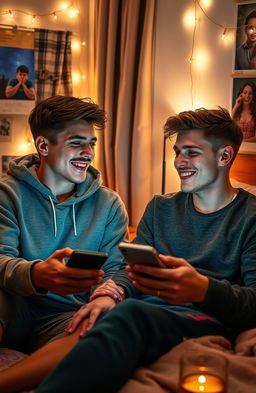Two young gay lovers chatting with each other through their phones, a sense of tenderness and excitement in the air