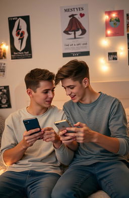 Two young gay lovers chatting with each other through their phones, a sense of tenderness and excitement in the air
