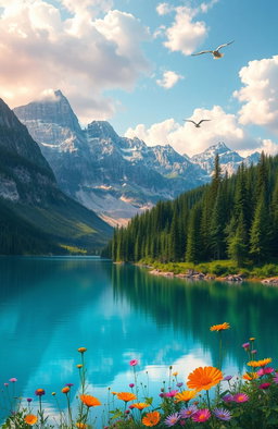 A stunning digital painting of a serene natural landscape, featuring a crystal-clear blue lake surrounded by lush green forests