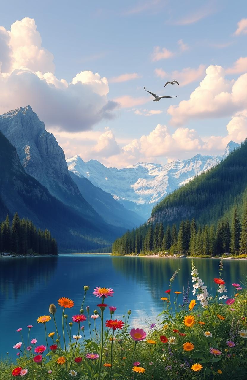 A stunning digital painting of a serene natural landscape, featuring a crystal-clear blue lake surrounded by lush green forests