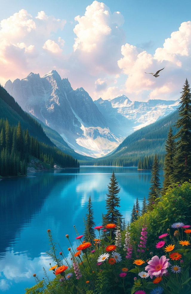 A stunning digital painting of a serene natural landscape, featuring a crystal-clear blue lake surrounded by lush green forests