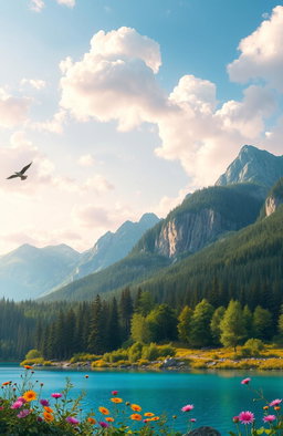 A stunning digital painting of a serene natural landscape, featuring a crystal-clear blue lake surrounded by lush green forests