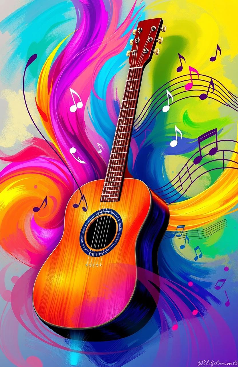 A digital painting of an acoustic guitar with vibrant colors, depicting flowing musical notes emanating from the instrument, illustrated in a rhythmic and energetic manner