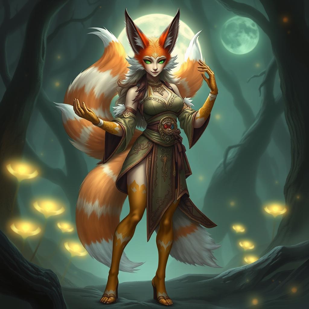 A legendary fox woman, elegantly transforming into a beautiful humanoid figure with fox-like features, such as vibrant orange and white fur patterns on her arms and legs, large, fluffy fox ears, and a long, bushy tail