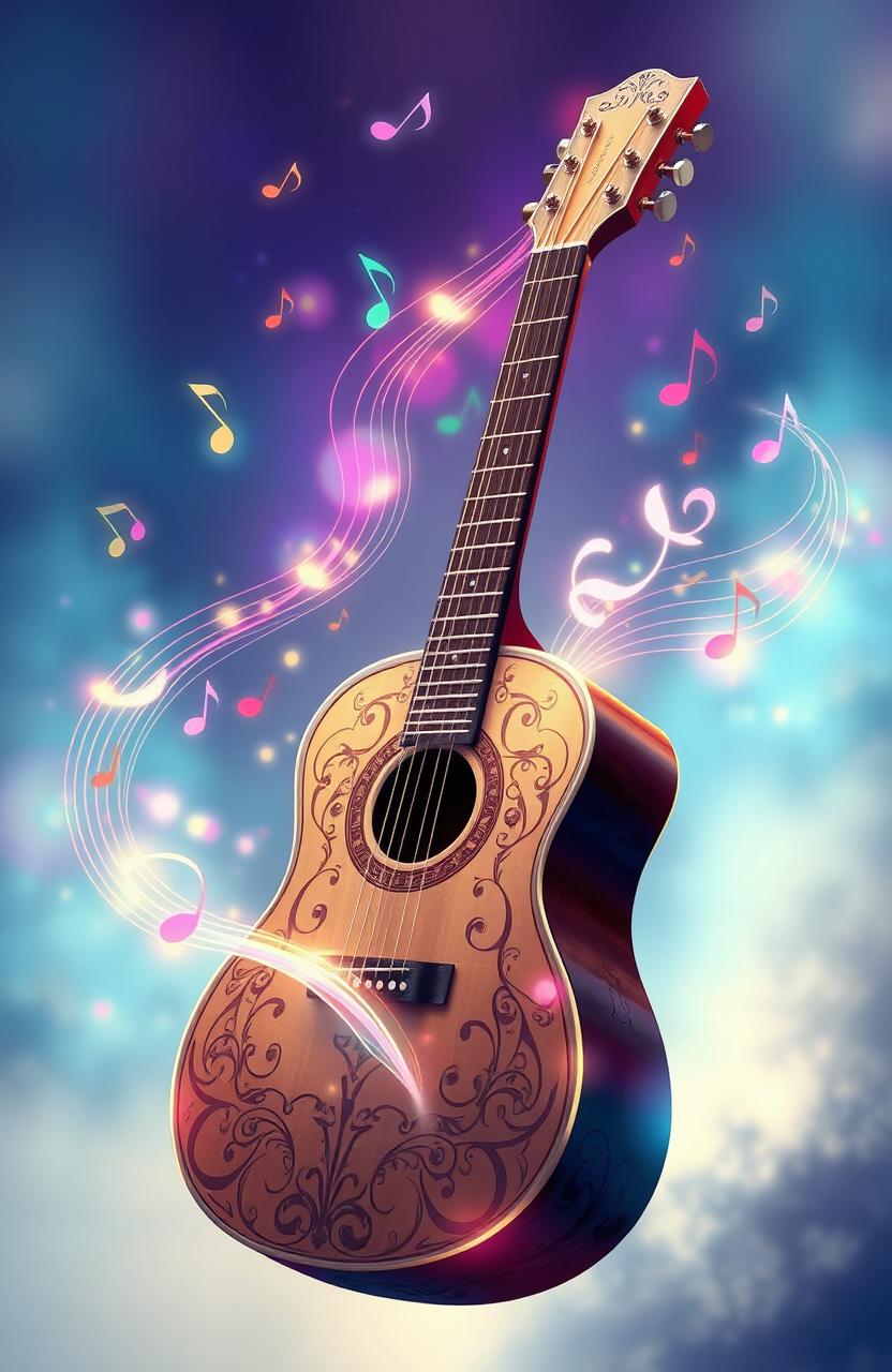 A digital painting of an elegant guitar gracefully flowing with colorful sound waves emanating from it, depicting beautiful rhythms
