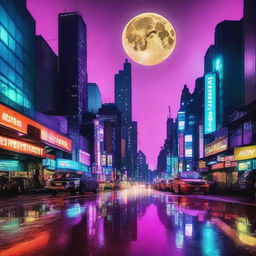 A lively cityscape at night with bright neon lights and bustling traffic reflected on a wet surface, with a full moon visible in the clear sky.