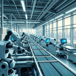 A futuristic industrial scene depicting advanced machines performing tasks autonomously without any human workers present