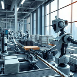 A futuristic industrial scene depicting advanced machines performing tasks autonomously without any human workers present