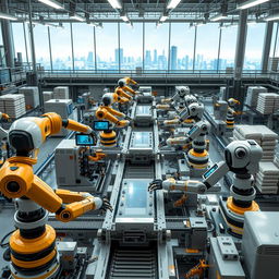 A futuristic industrial scene depicting advanced machines performing tasks autonomously without any human workers present
