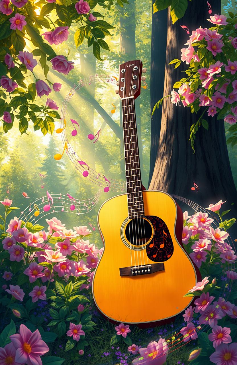A digital painting of an acoustic guitar nestled in a lush, vibrant natural setting, surrounded by blooming flowers and towering trees
