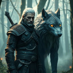 A captivating scene from a fantasy realm inspired by The Witcher series, featuring a charismatic witcher dressed in detailed leather armor with intricate designs