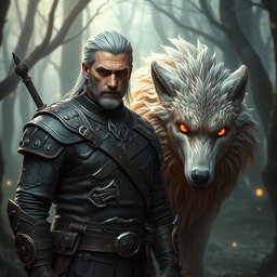 A captivating scene from a fantasy realm inspired by The Witcher series, featuring a charismatic witcher dressed in detailed leather armor with intricate designs