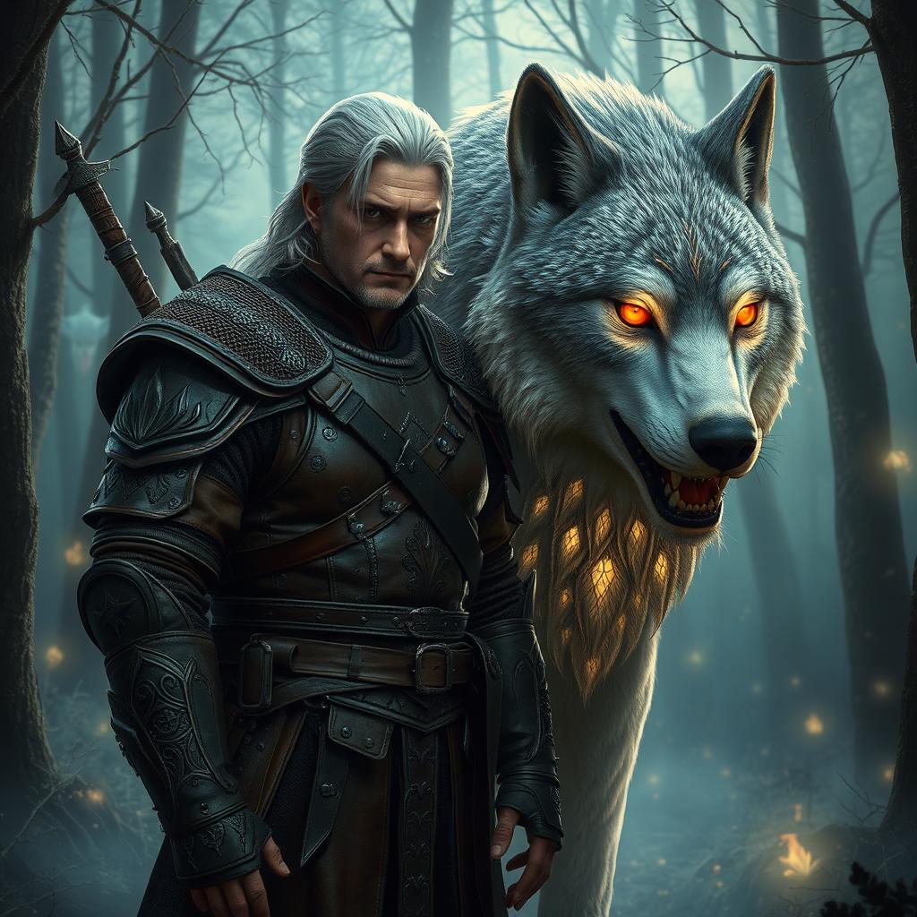 A captivating scene from a fantasy realm inspired by The Witcher series, featuring a charismatic witcher dressed in detailed leather armor with intricate designs
