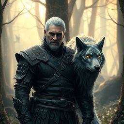 A captivating scene from a fantasy realm inspired by The Witcher series, featuring a charismatic witcher dressed in detailed leather armor with intricate designs