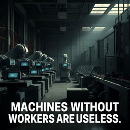 An impactful image illustrating the concept that 'Machines Without Workers Are Useless'