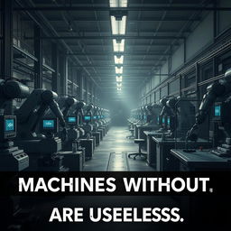 An impactful image illustrating the concept that 'Machines Without Workers Are Useless'