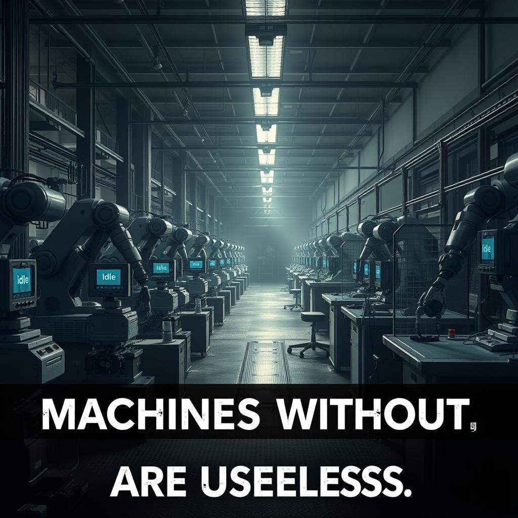 An impactful image illustrating the concept that 'Machines Without Workers Are Useless'