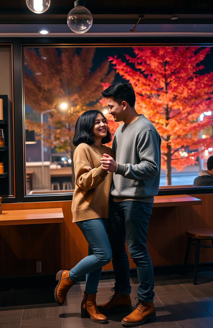 A cozy night scene in a Vancouver coffee shop during autumn, featuring a petite Indonesian female with short shoulder-length black hair and a handsome Canadian male with a native appearance and short black hair