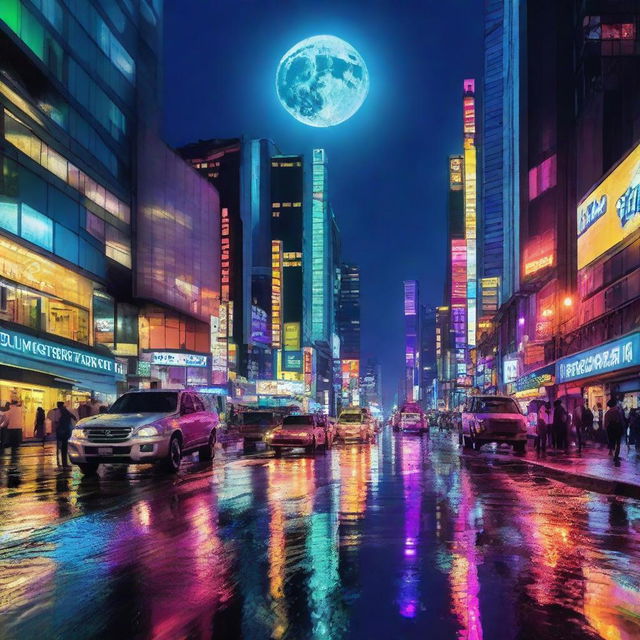 A lively cityscape at night with bright neon lights and bustling traffic reflected on a wet surface, with a full moon visible in the clear sky.