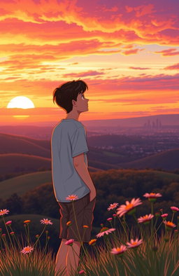 A coming-of-age scene depicting a young adult standing at a scenic overlook during sunset, with a vibrant sky filled with orange, pink, and purple hues
