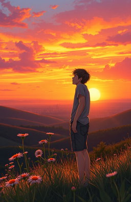 A coming-of-age scene depicting a young adult standing at a scenic overlook during sunset, with a vibrant sky filled with orange, pink, and purple hues