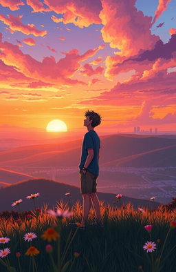 A coming-of-age scene depicting a young adult standing at a scenic overlook during sunset, with a vibrant sky filled with orange, pink, and purple hues