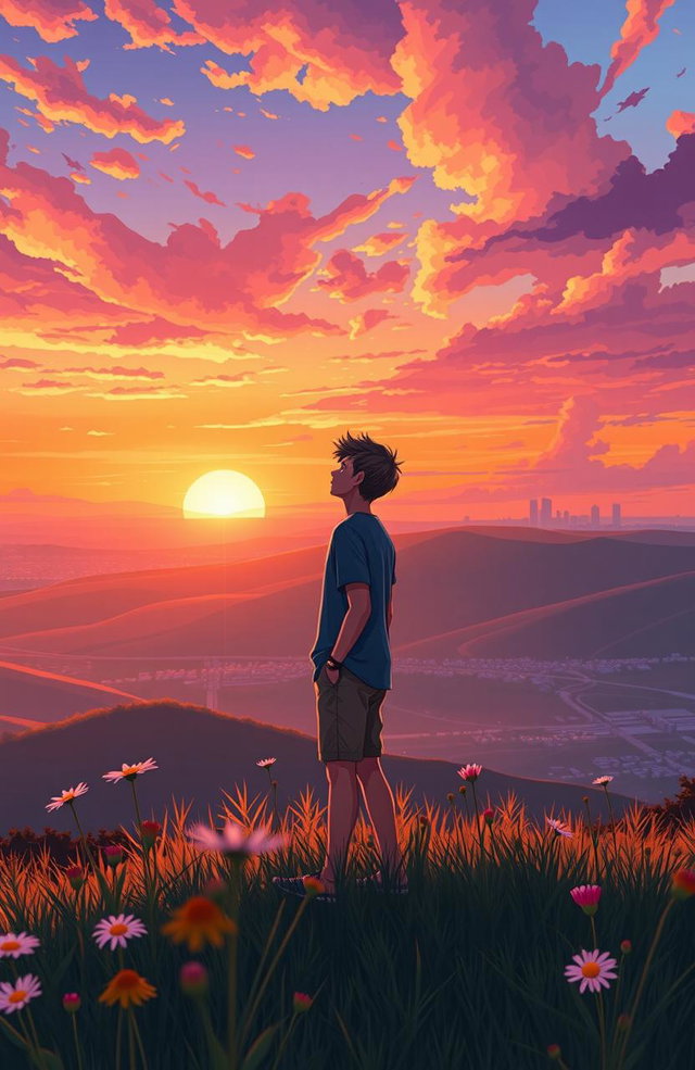 A coming-of-age scene depicting a young adult standing at a scenic overlook during sunset, with a vibrant sky filled with orange, pink, and purple hues