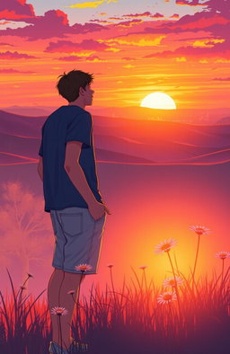 A coming-of-age scene depicting a young adult standing at a scenic overlook during sunset, with a vibrant sky filled with orange, pink, and purple hues