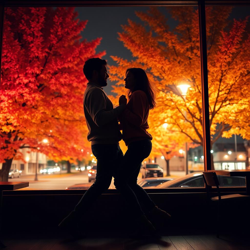 The silhouette of two people, a male and a female, dancing together in a cozy coffee shop at night in Vancouver