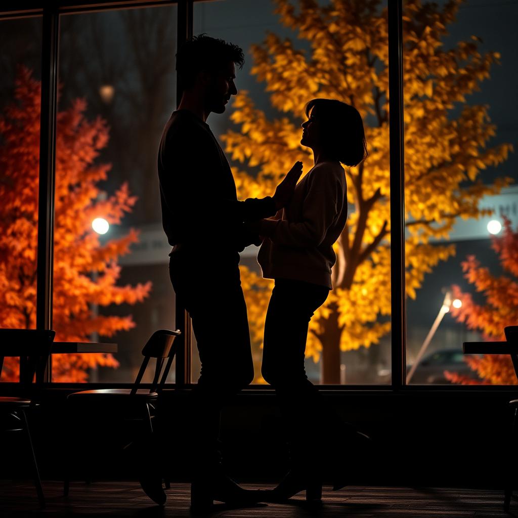 The silhouette of two dancers, a male with short black hair and a female with short shoulder-length black hair, moving gracefully together in a cozy coffee shop at night in Vancouver