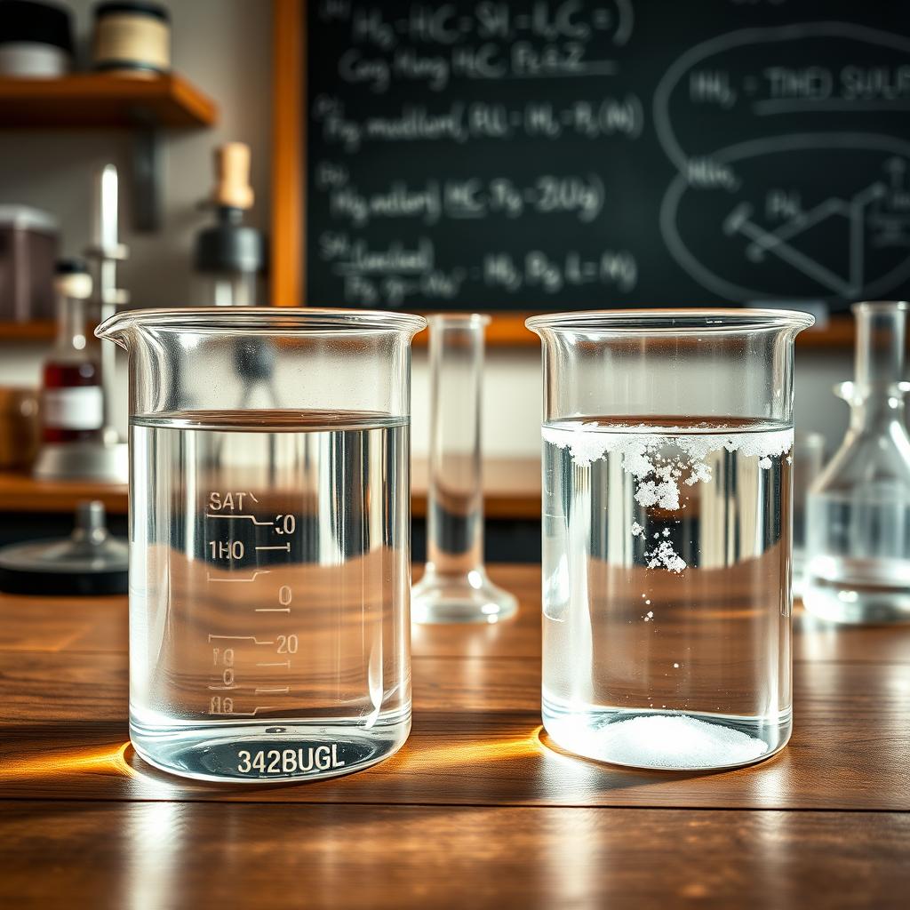 A detailed laboratory scene showing two beakers on a wooden table