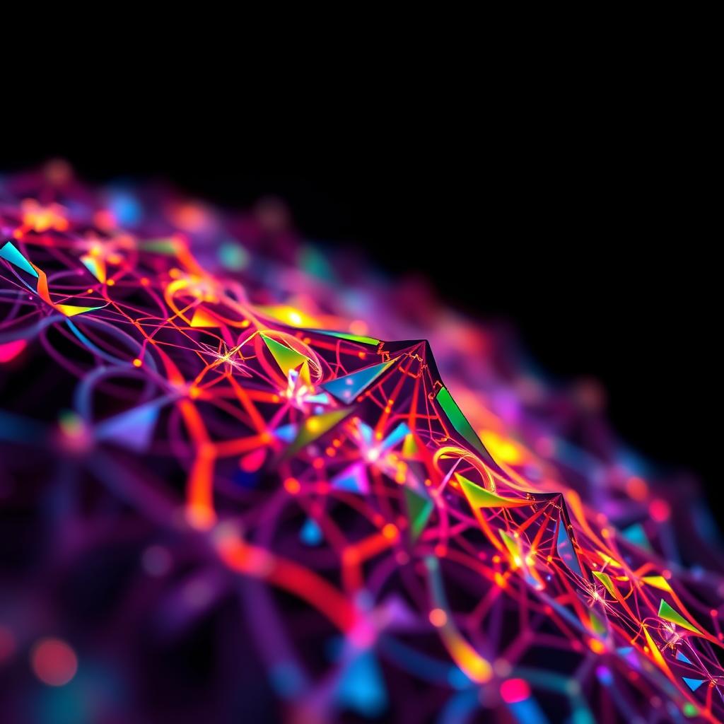 A close-up of a mesmerizing isrrok mikroj, a detailed and intricate piece of abstract digital art featuring vibrant colors and complex geometric shapes, glowing softly against a dark background