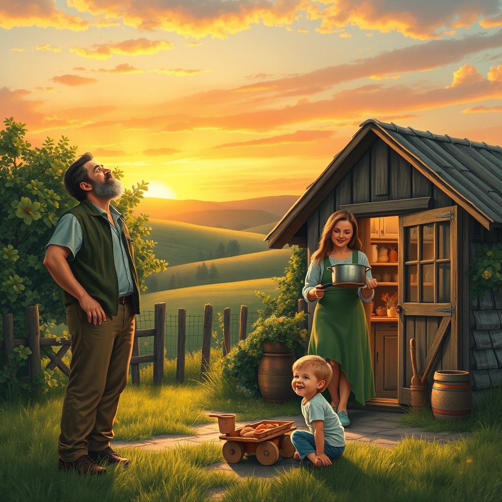 A poignant rural scene depicting a man standing outside a small, quaint cottage surrounded by lush greenery, looking up into the sky with a contemplative expression