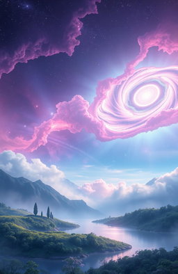 A peaceful, otherworldly space scene depicting a serene cosmic landscape