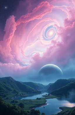 A peaceful, otherworldly space scene depicting a serene cosmic landscape