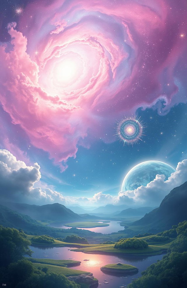 A peaceful, otherworldly space scene depicting a serene cosmic landscape