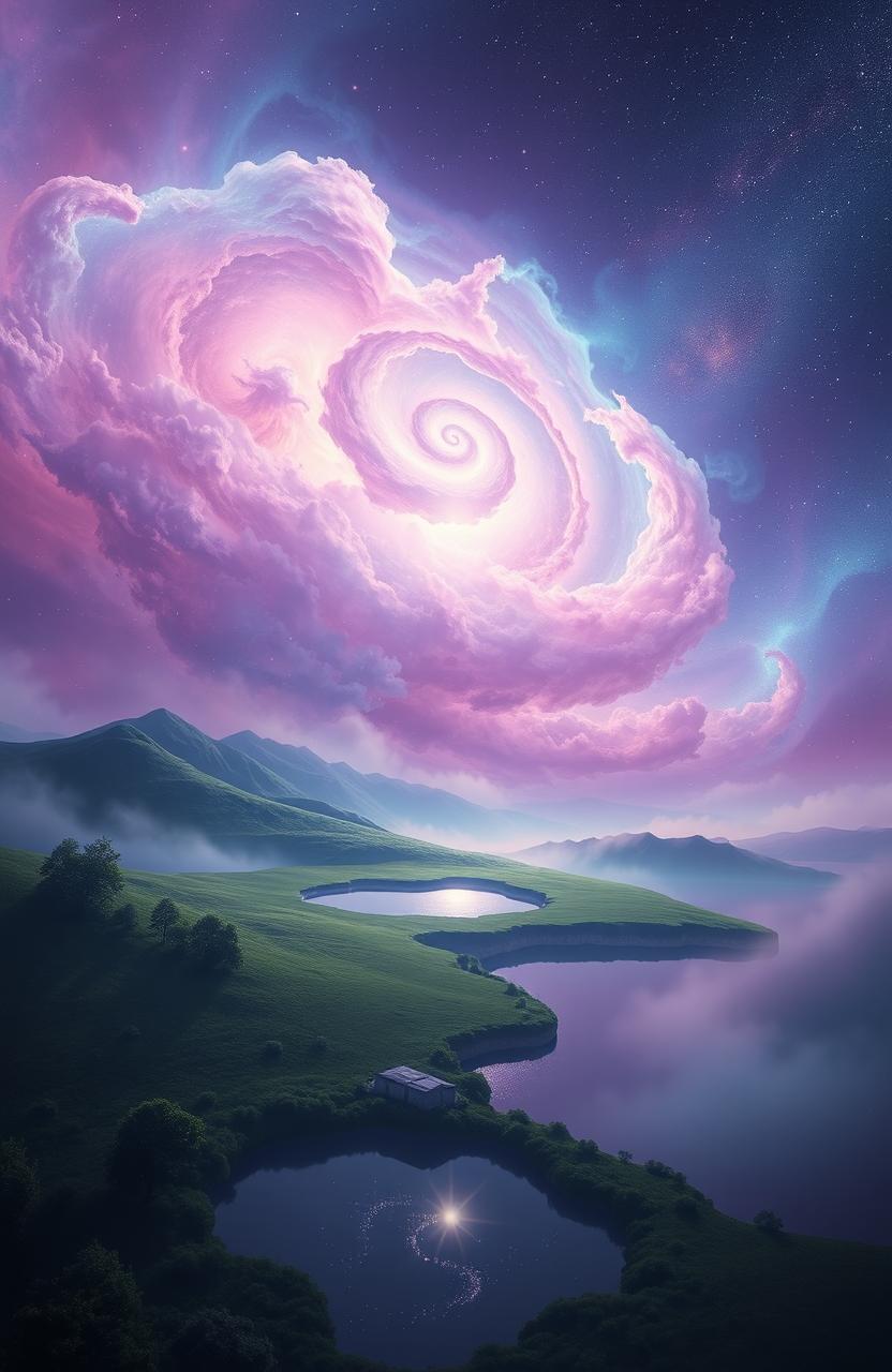 A peaceful, otherworldly space scene depicting a serene cosmic landscape
