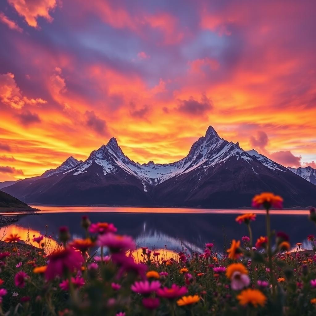 A dramatic low angle shot of a majestic mountain range during sunset, the sky ablaze with orange and purple hues