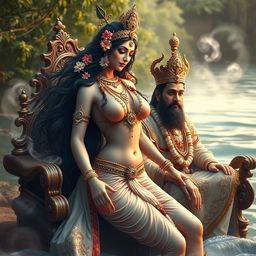A stunning goddess inspired by Ganga, the personification of the river, depicted in a mesmerizing scene with a majestic king