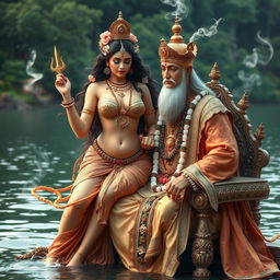 A stunning goddess inspired by Ganga, the personification of the river, depicted in a mesmerizing scene with a majestic king