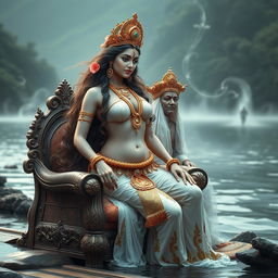 A stunning goddess inspired by Ganga, the personification of the river, depicted in a mesmerizing scene with a majestic king