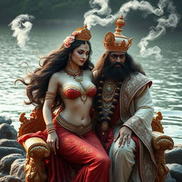 A stunning goddess inspired by Ganga, the personification of the river, depicted in a mesmerizing scene with a majestic king